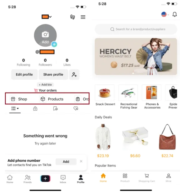 Một cửa hàng trực tuyến giả được cài cắm trong ứng dụng TikTok giả mạo