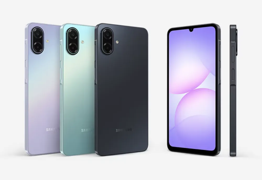 Samsung Galaxy A07 5G với ba màu: Đen Bóng Đêm, Xanh Ngọc Bích và Tím Ngân Hà